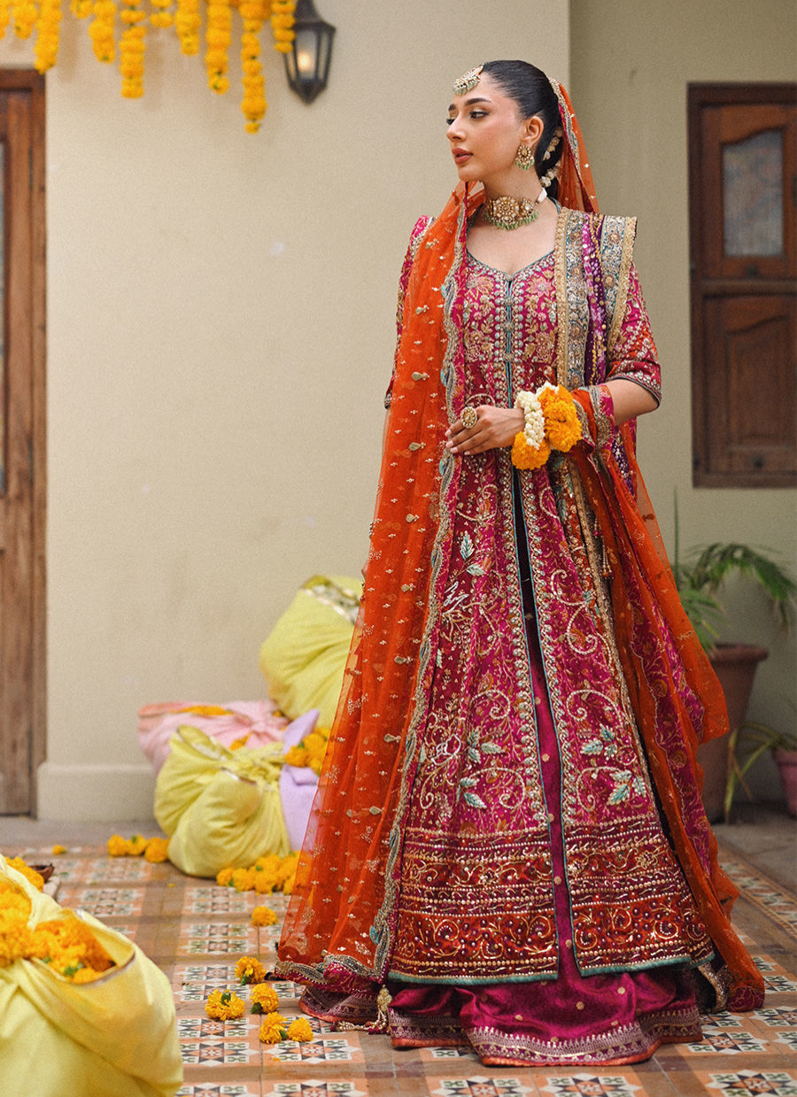 16 Magenta Kalidaar Bridal Ensemble with Orange Dupatta