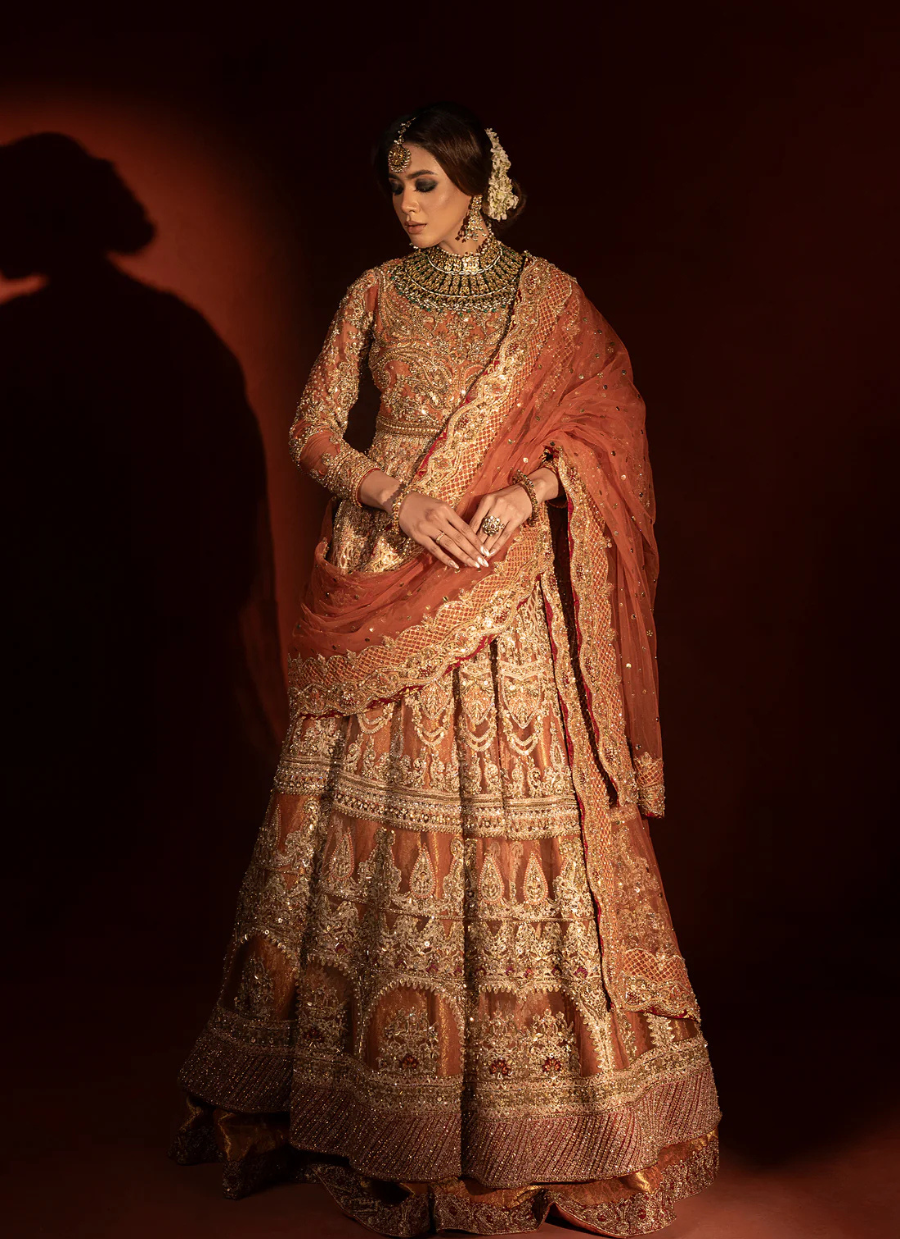 19 Rust Orange Bridal Pishwas with Jamawar Lehenga