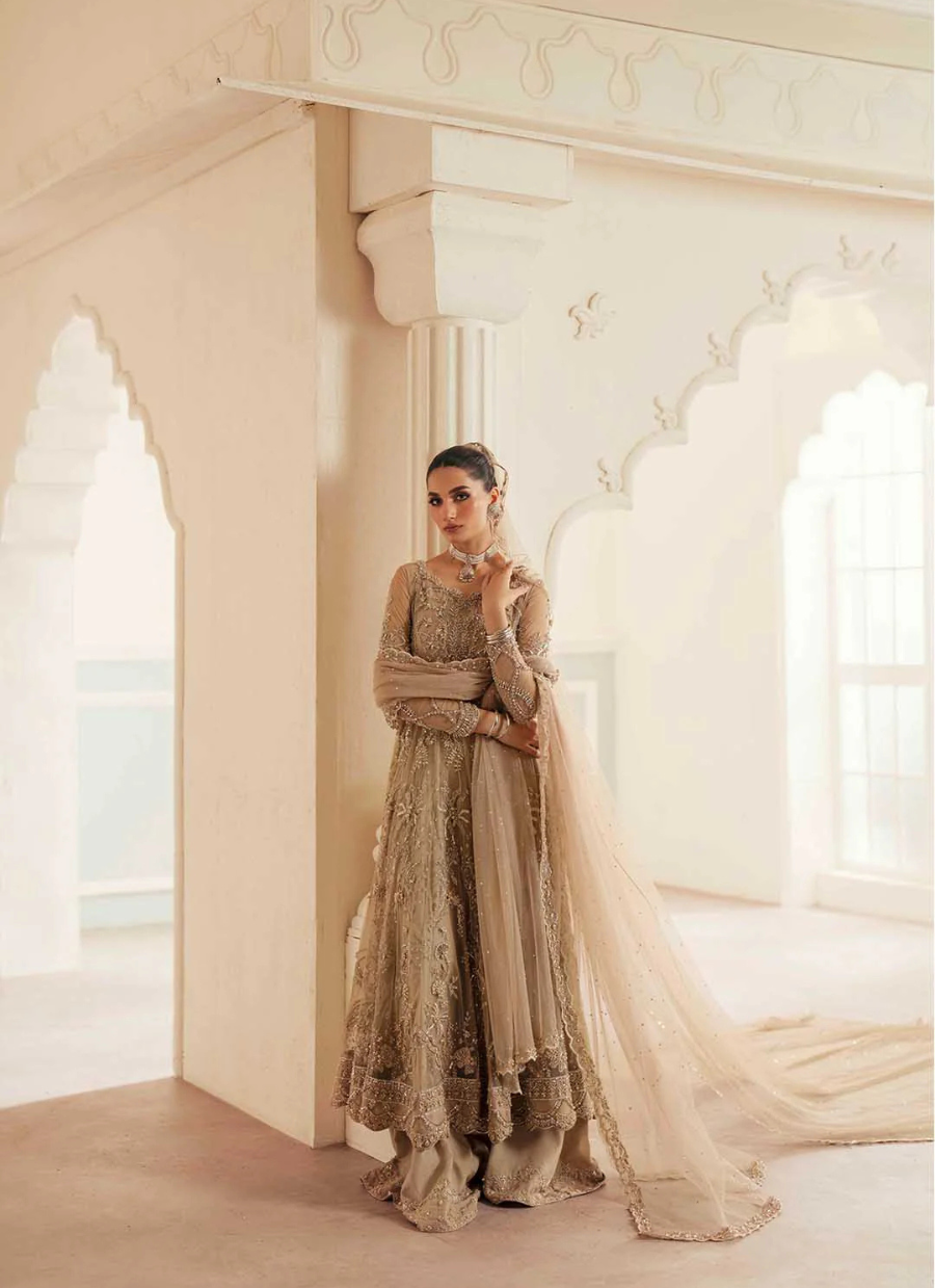 16 Champagne Gold Embroidered Long Kalidaar with Dupatta