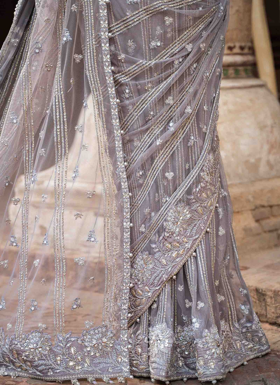 19 Smoky Grey Embroidered Bridal Saree
