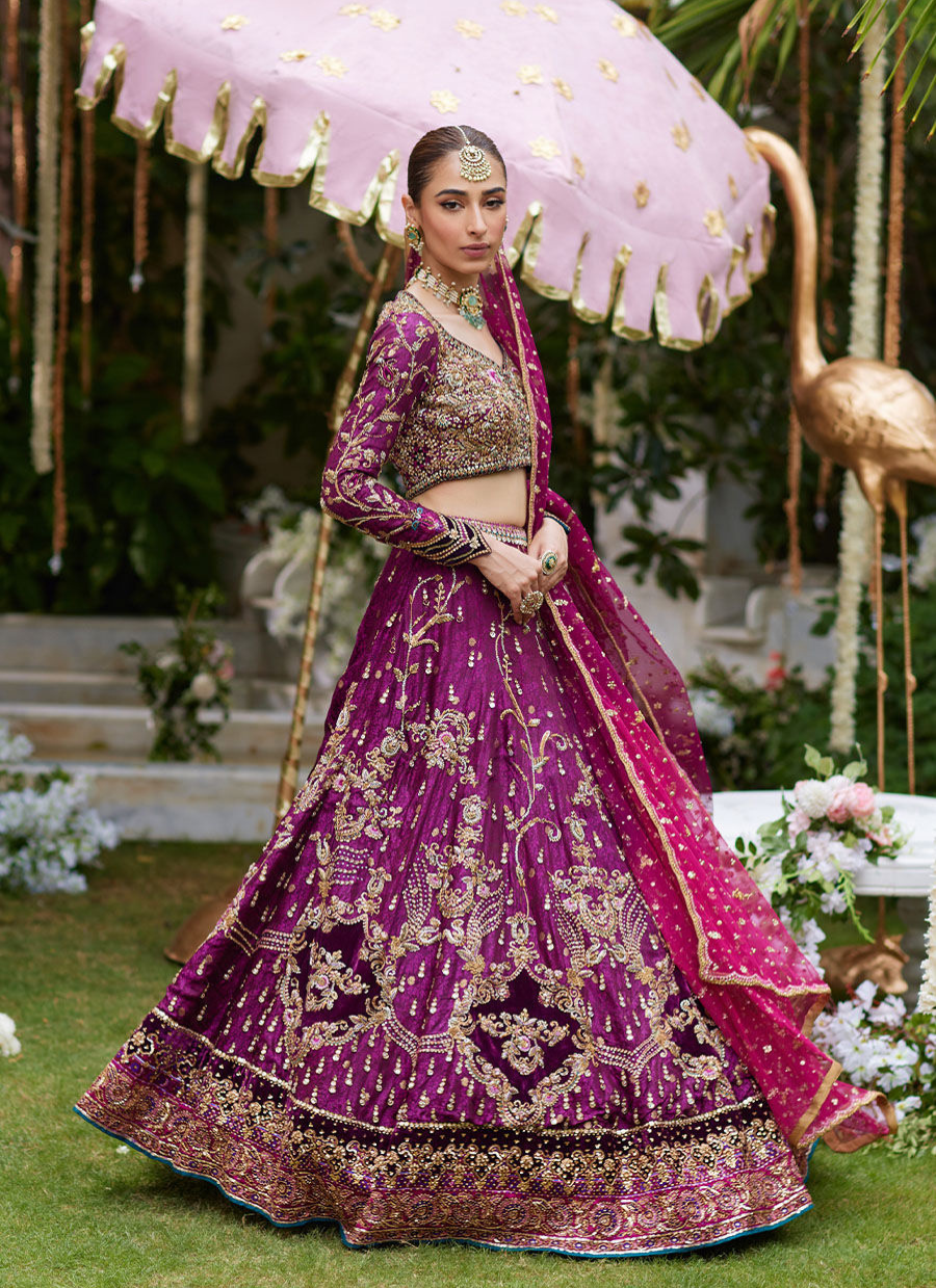 16 Plum Purple Lehenga Choli with Gold Embroidery and Pink Dupatta