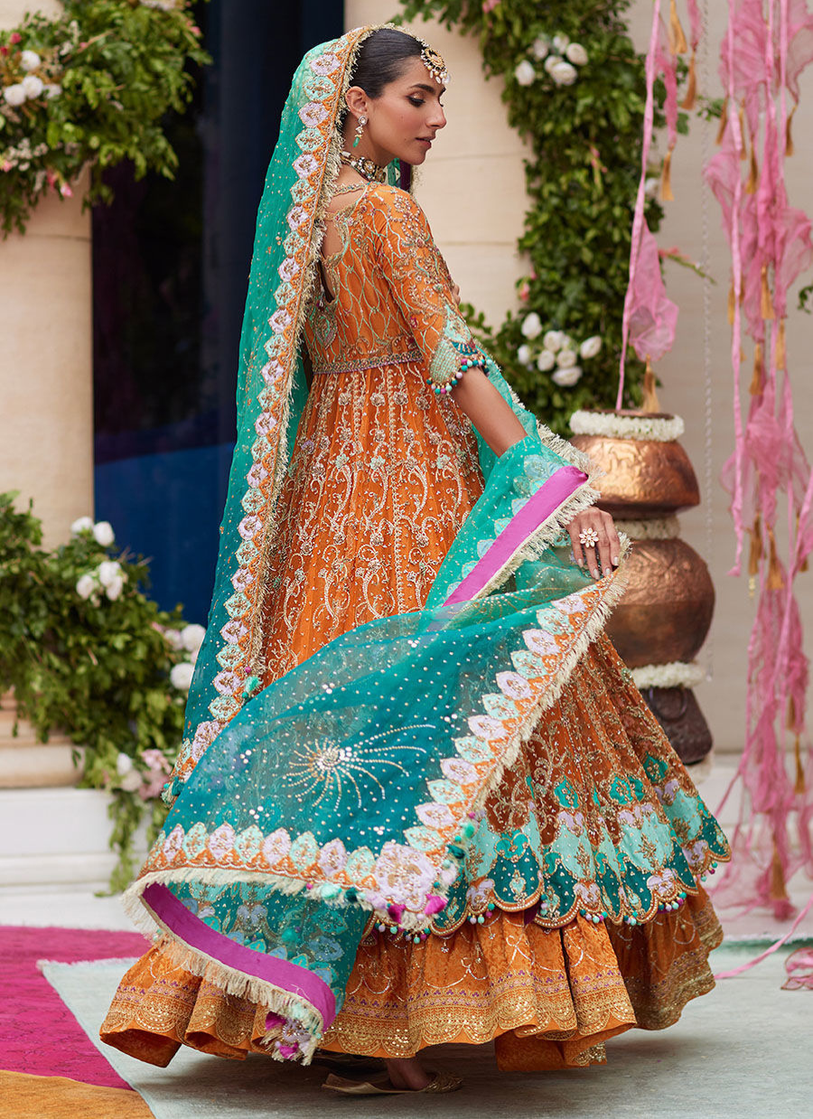 16 Rust Orange Kalidaar Bridal Ensemble with Aqua Blue Dupatta