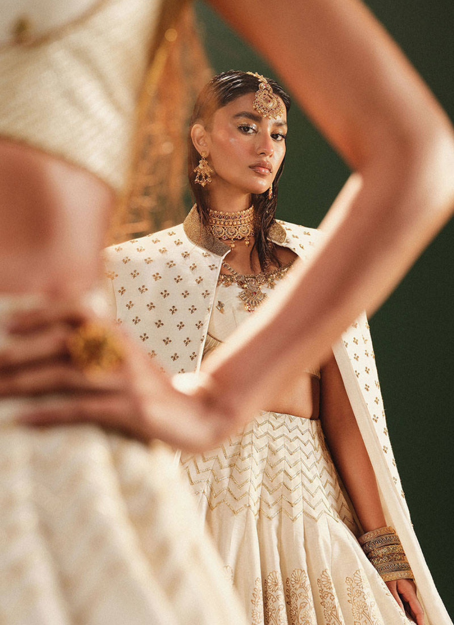 16 Golden Ivory Bridal Lehenga with Mirror Work Dupatta