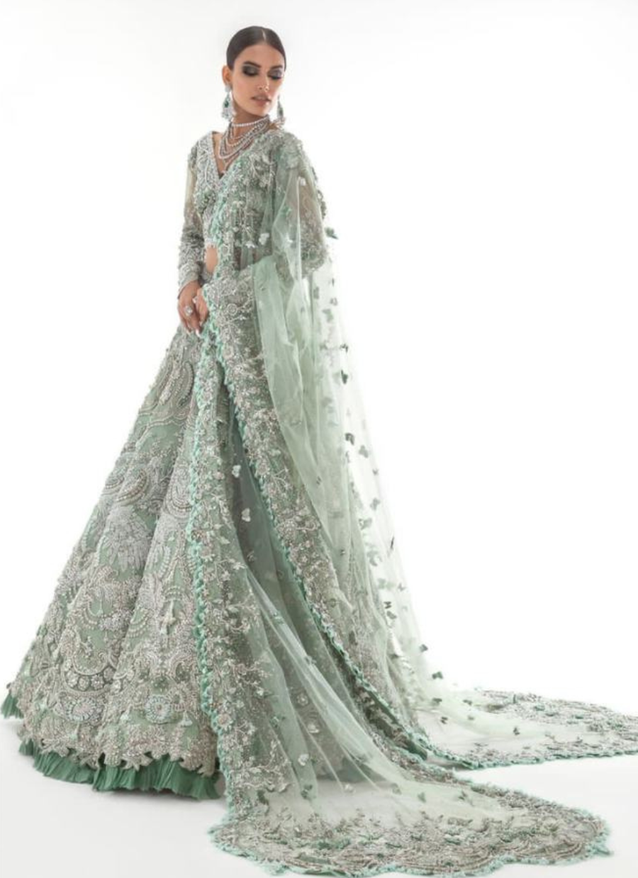 22 Mint Green Bridal Lehenga with Heavy Silver Embroidery