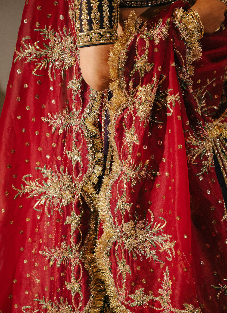Velvet Elegance – Red & Green Lehnga with Raw Silk Choli