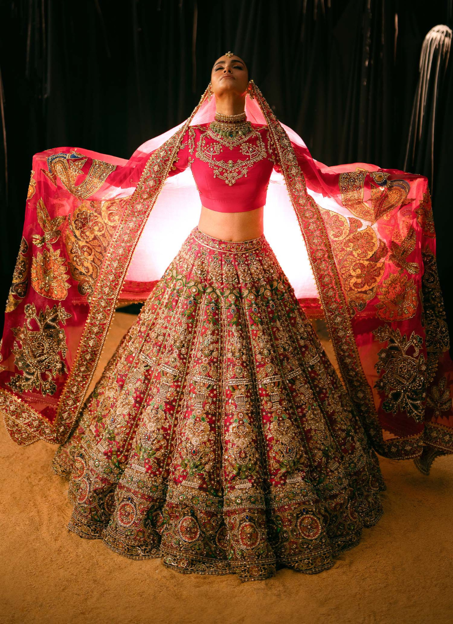 16 Crimson Red Bridal Lehenga with Heavy Floral Embroidery