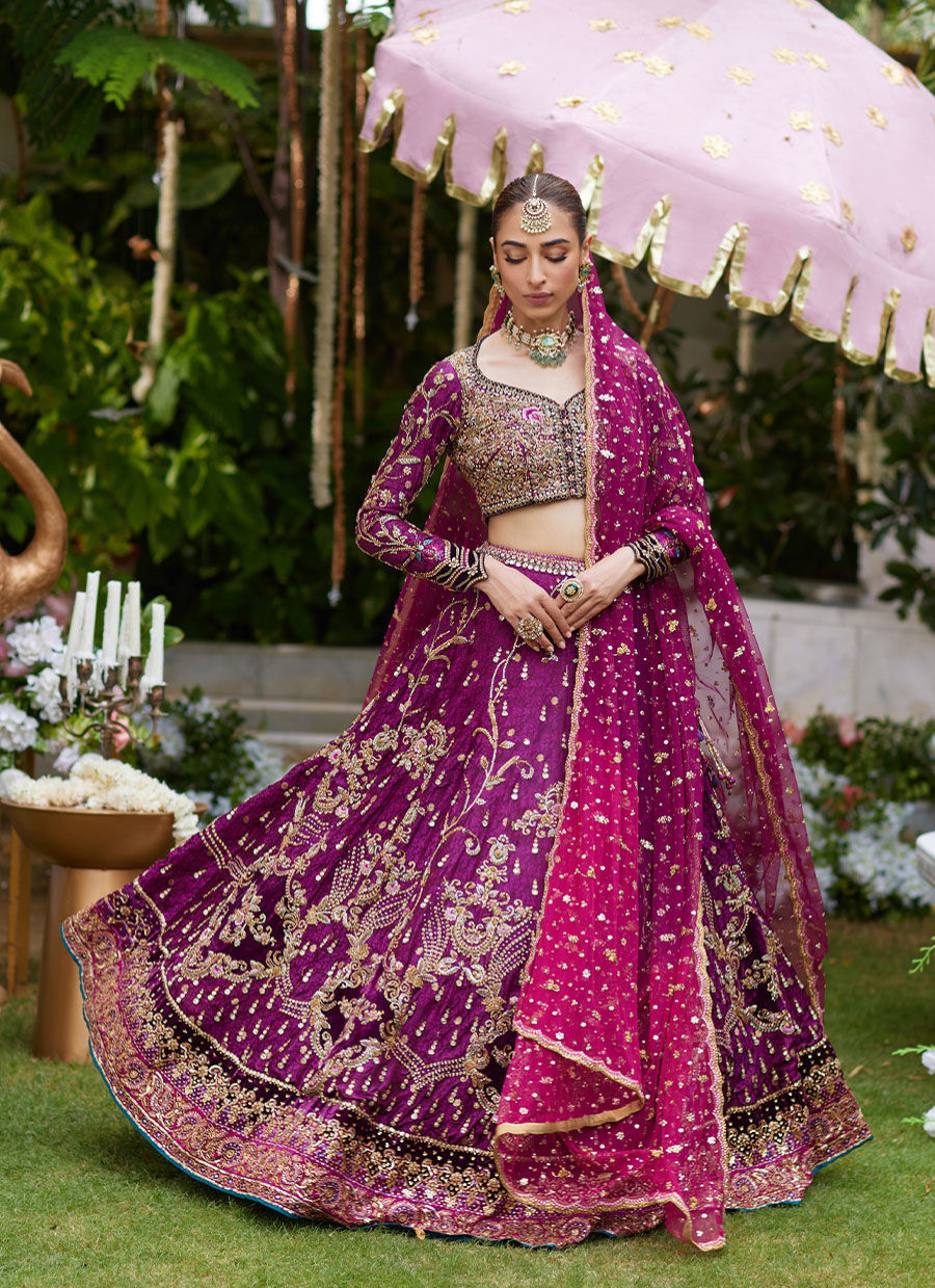 16 Plum Purple Lehenga Choli with Gold Embroidery and Pink Dupatta