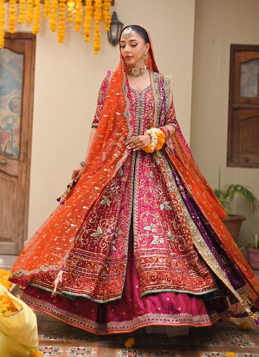 16 Magenta Kalidaar Bridal Ensemble with Orange Dupatta