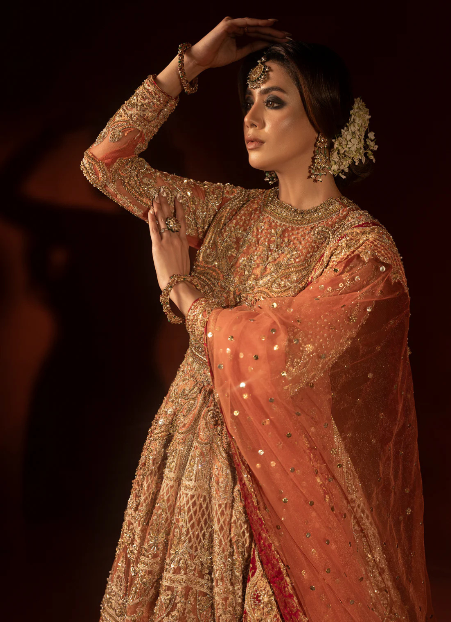 19 Rust Orange Bridal Pishwas with Jamawar Lehenga