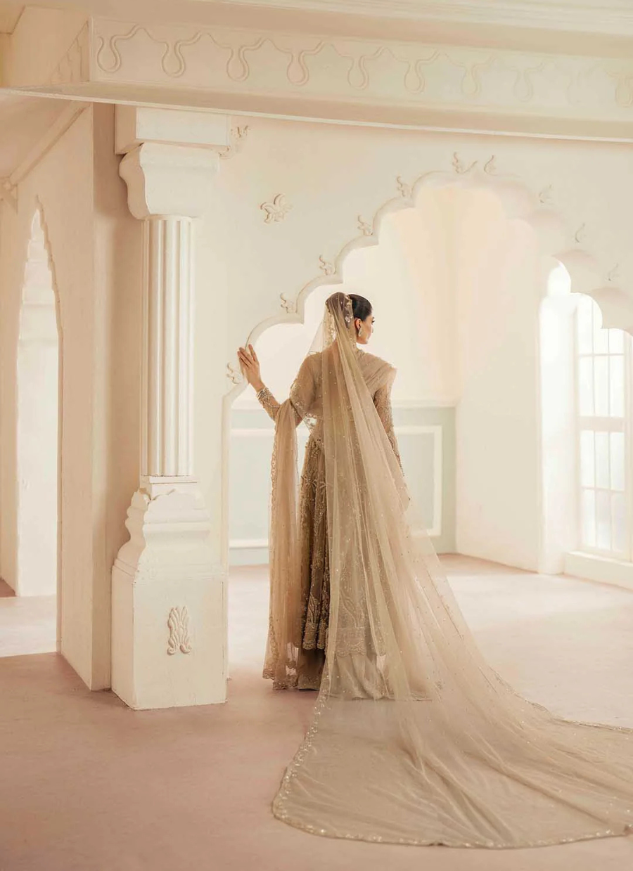 16 Champagne Gold Embroidered Long Kalidaar with Dupatta