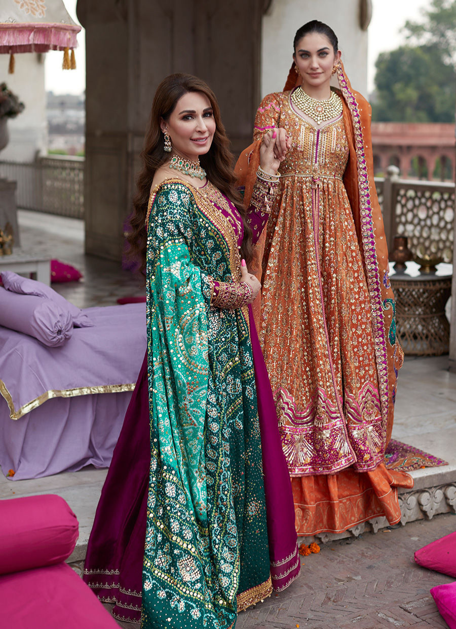 16 Rust Bridal Kalidaar with Orange Dupatta and Multicolor Embellishments