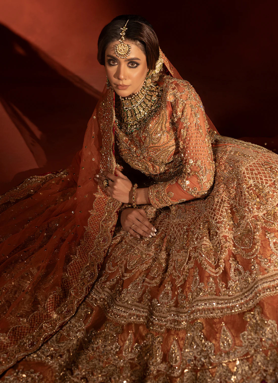 19 Rust Orange Bridal Pishwas with Jamawar Lehenga