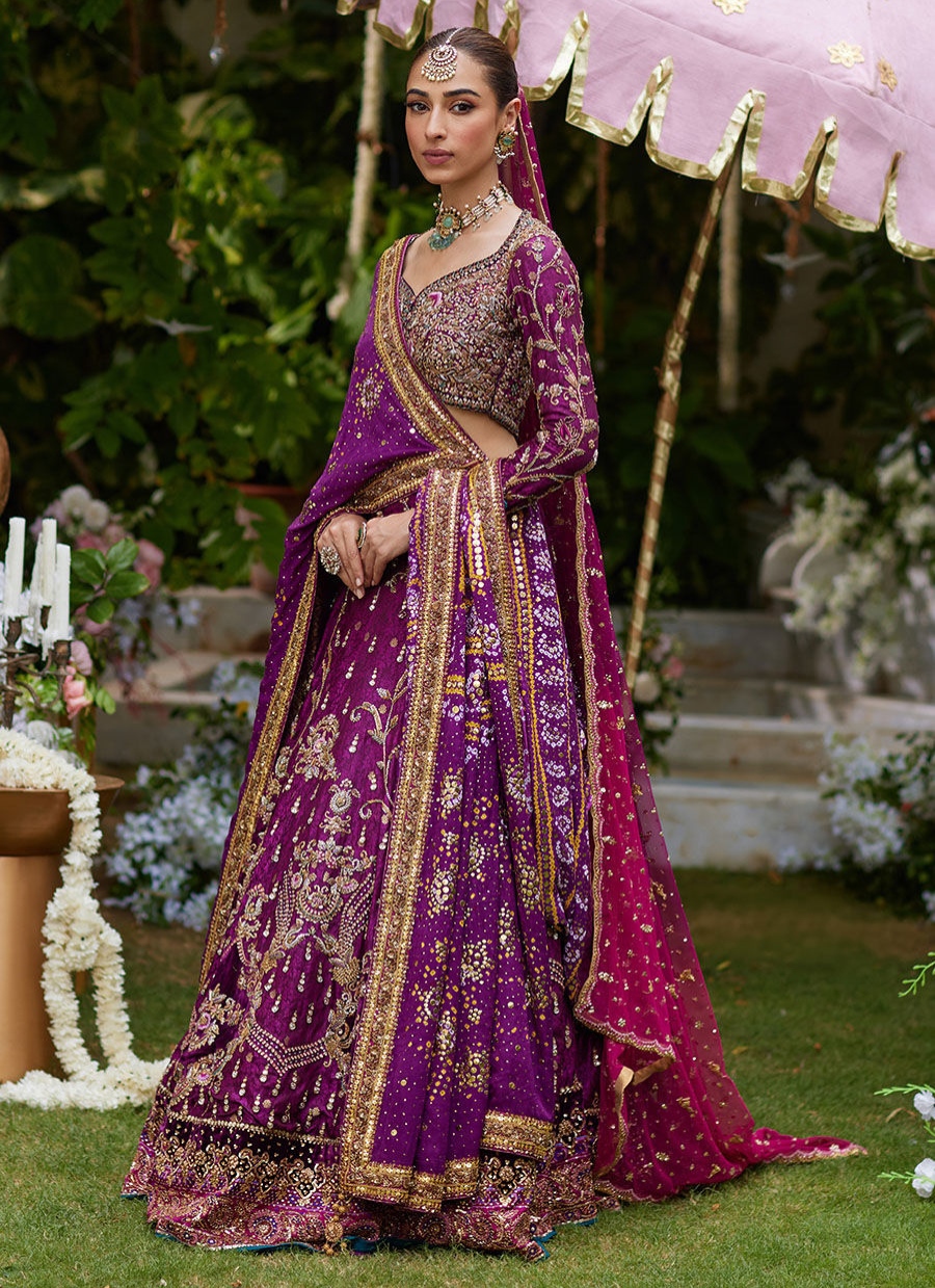 16 Plum Purple Lehenga Choli with Gold Embroidery and Pink Dupatta