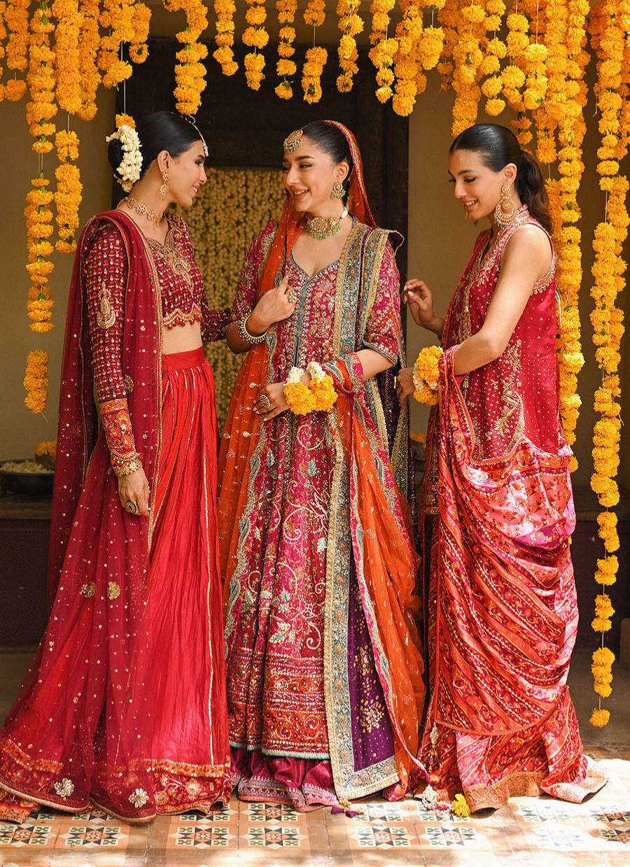 16 Magenta Kalidaar Bridal Ensemble with Orange Dupatta