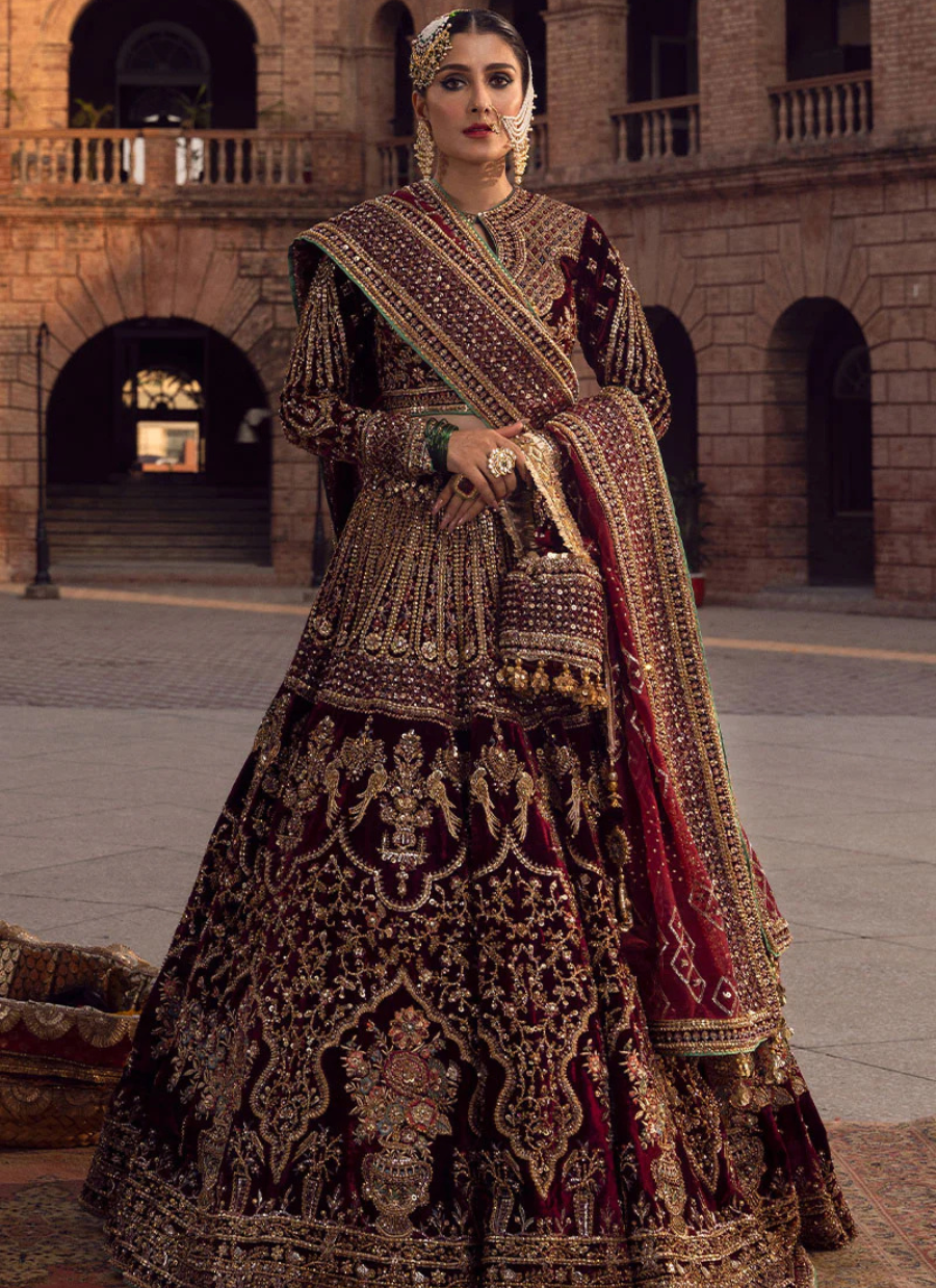 19 Deep Maroon and Gold Heavily Embroidered Bridal Lehenga